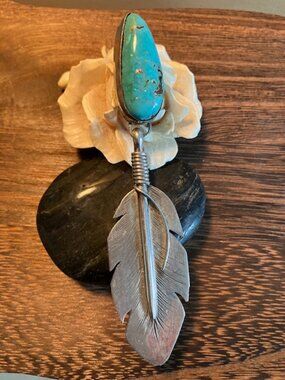 Signed Navajo Sterling Feather with Turquoise Pendant by Emma Jean Bighand